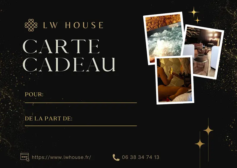 Carte cadeau Love Room Vendée LW House avec photos de la chambre et du bain nordique